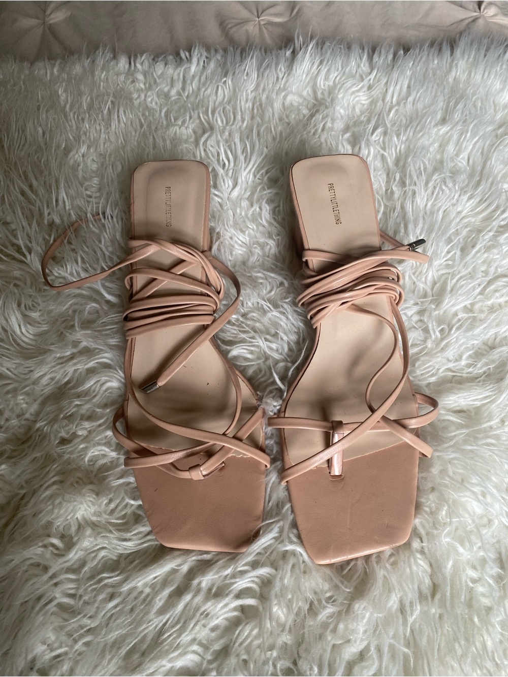 PrettyLittleThing Nude Blush Wrap-Strap Square-Toe Sandals